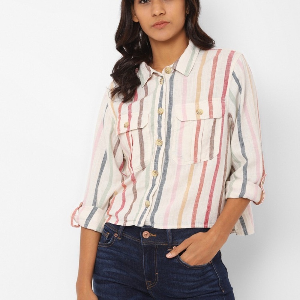 American Eagle Cream Multi Striped Button-Up Crop… - image 1